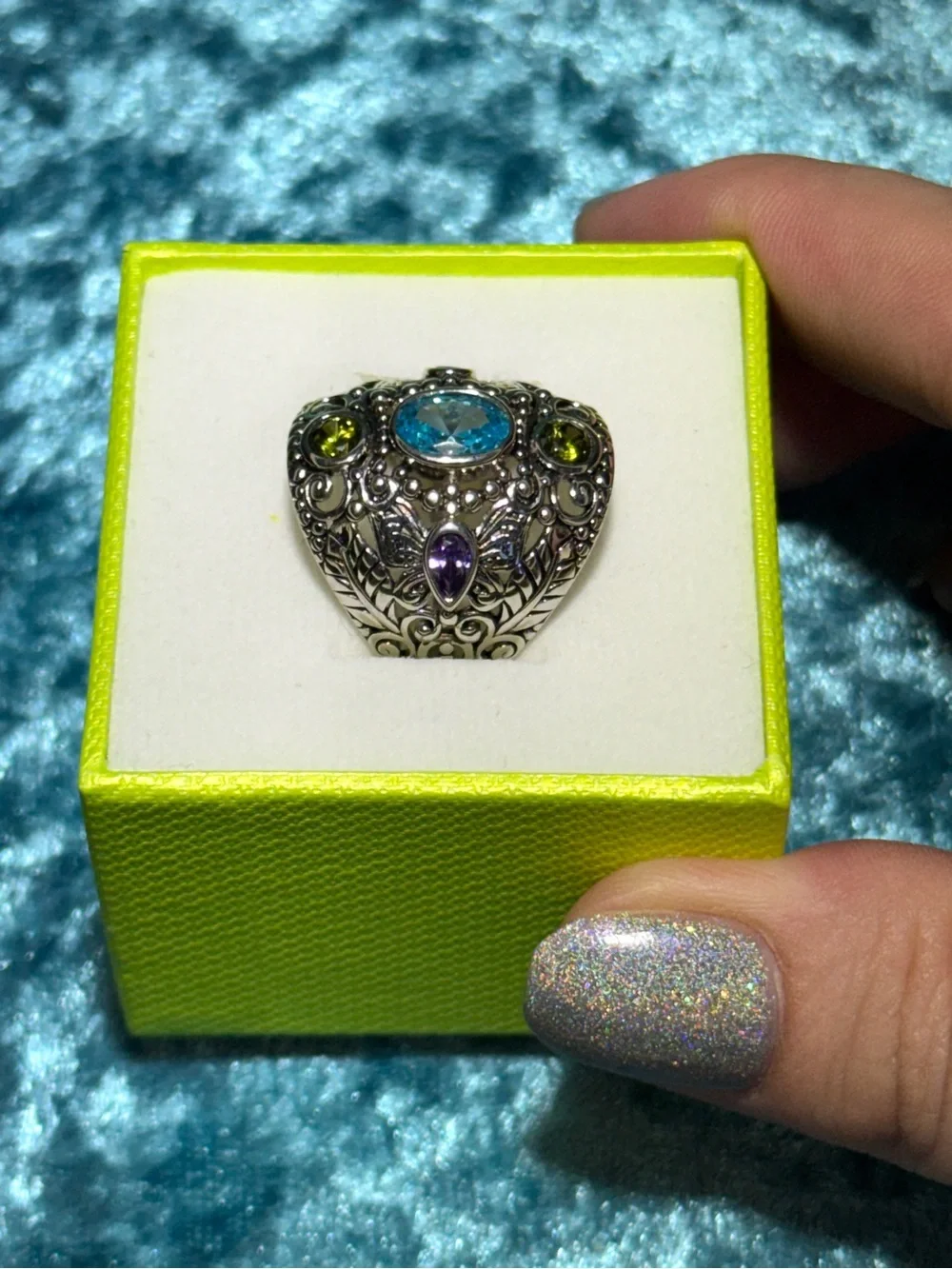 Sterling Silver CZ Blue Topaz Amethyst Peridot Butterfly Filigree Cocktail Ring